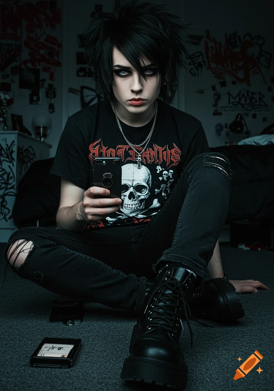 A young person with spiky black hair and dark makeup, dressed in a black t-shirt with a skull and ripped jeans, sits holding a phone.
