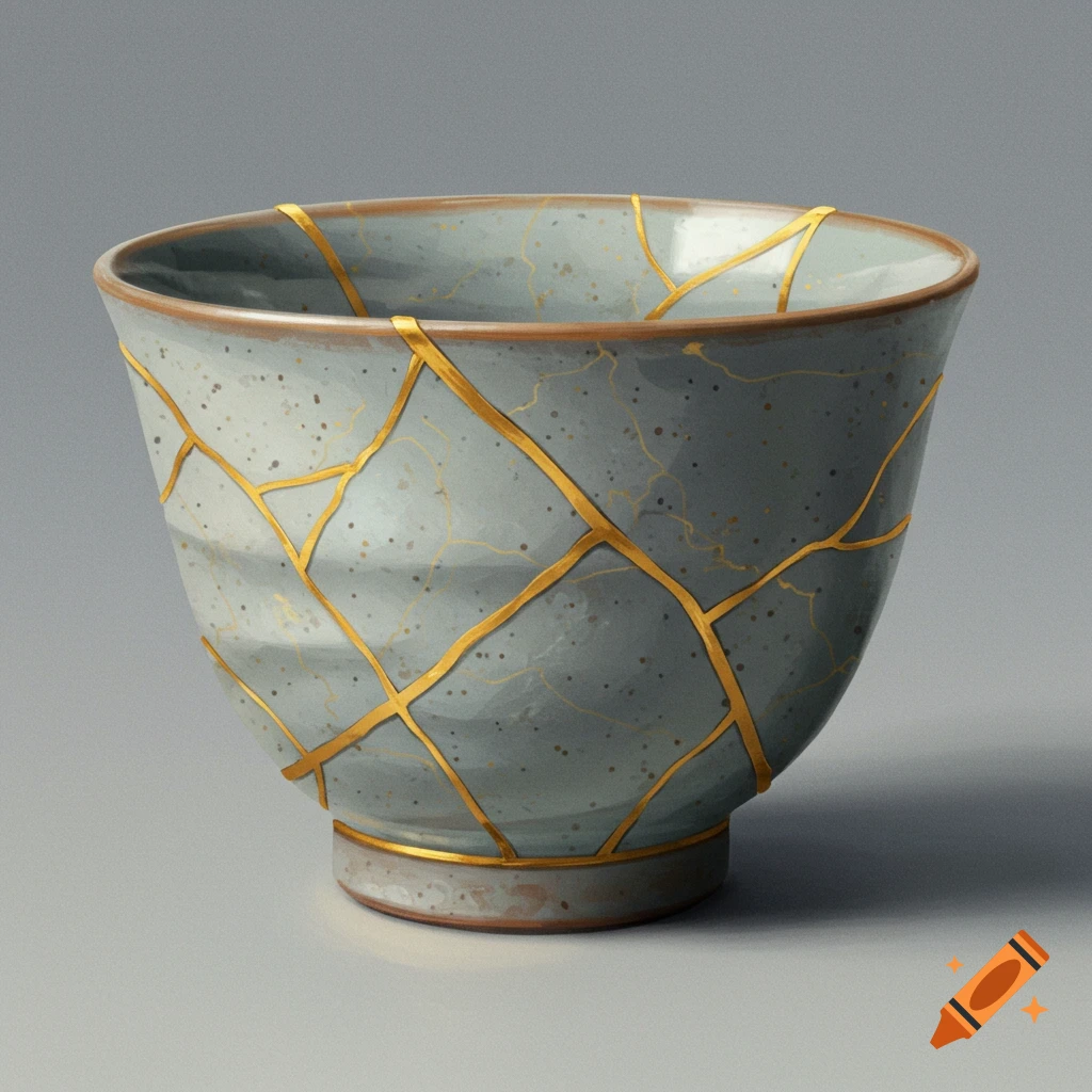 A close-up studio shot of a grey ceramic bowl repaired with gold Kintsugi lines.