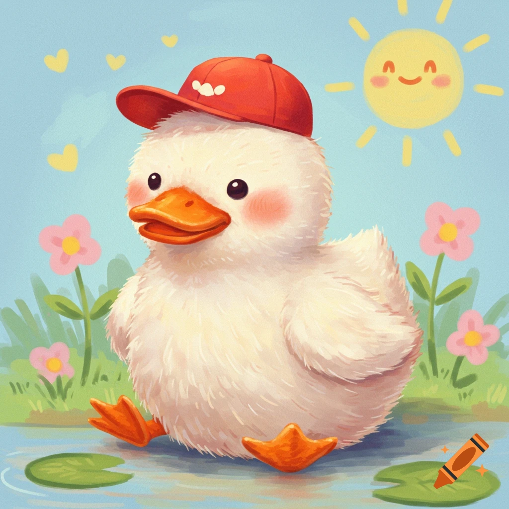 Cute fluffy white duckling wearing an orange cap sits by a pond with lily pads and flowers, under a smiling sun. Illustration.
