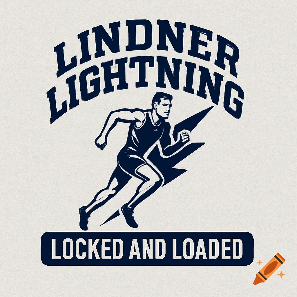 Vintage-style logo of a runner with a lightning bolt behind him, with the text 'Lindner Lightning Locked and Loaded'.