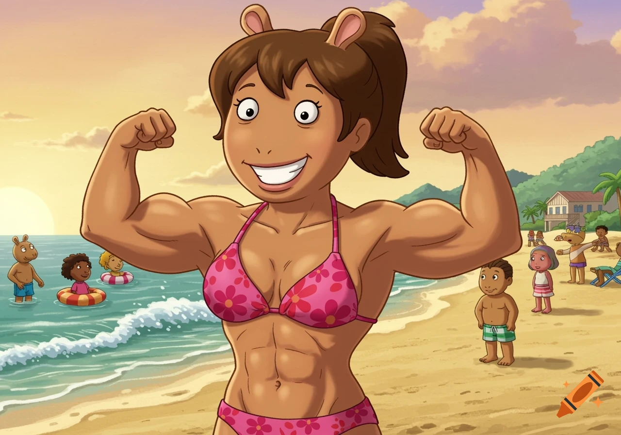 Cartoon character flexing large muscles on a beach