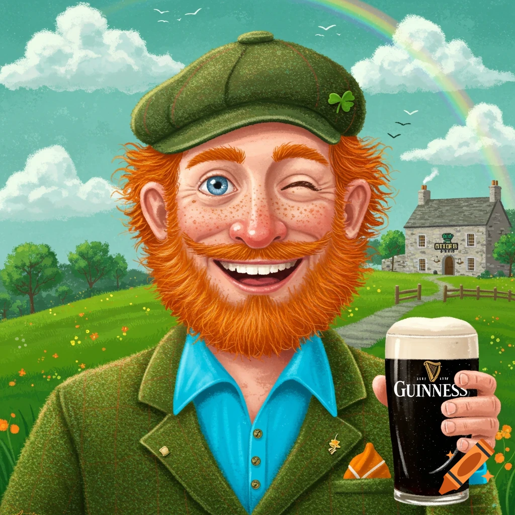 Illustration of a winking Irishman with a beard and hat, holding a glass of beer in front of a pub, rainbow, and landscape.