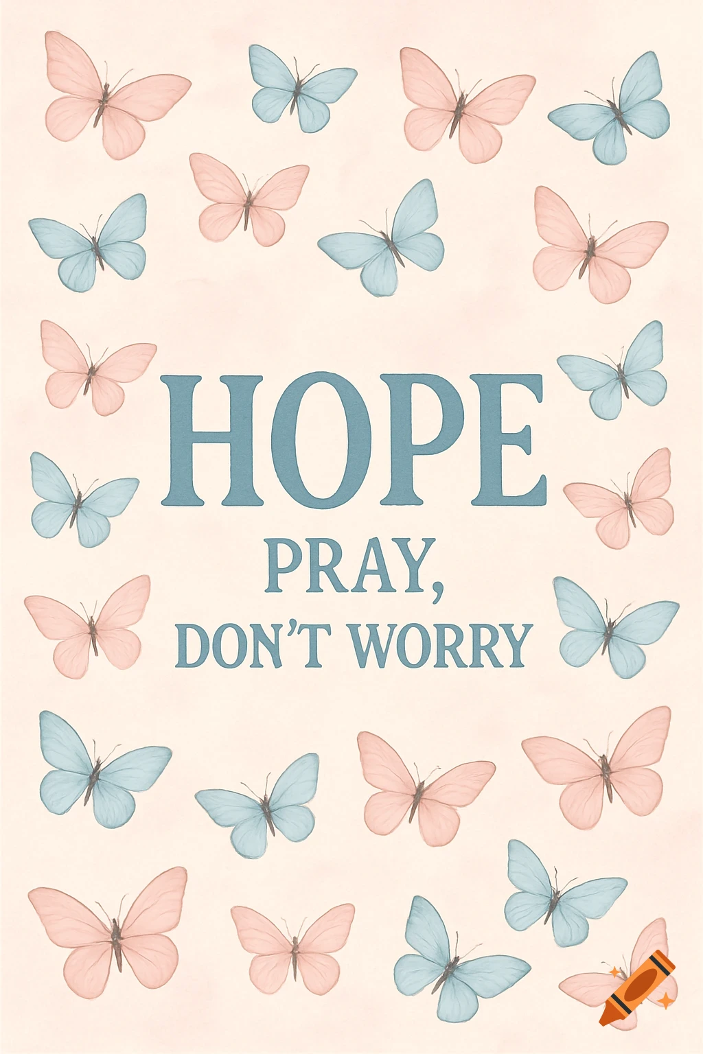 A light background with pink and blue butterflies and the text HOPE PRAY, DON'T WORRY in the center.