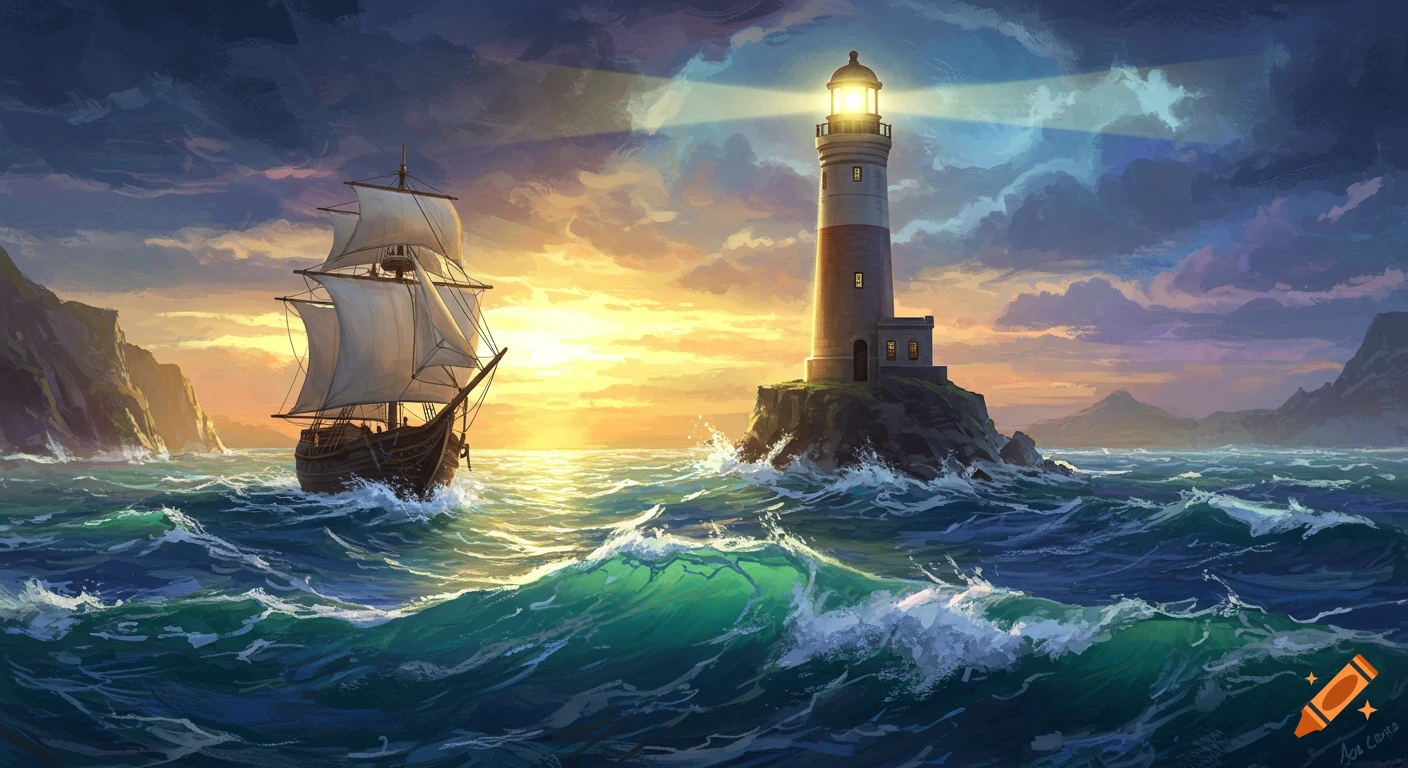 A large sailing ship approaches a lighthouse on a rocky island at sunset in a painterly style.