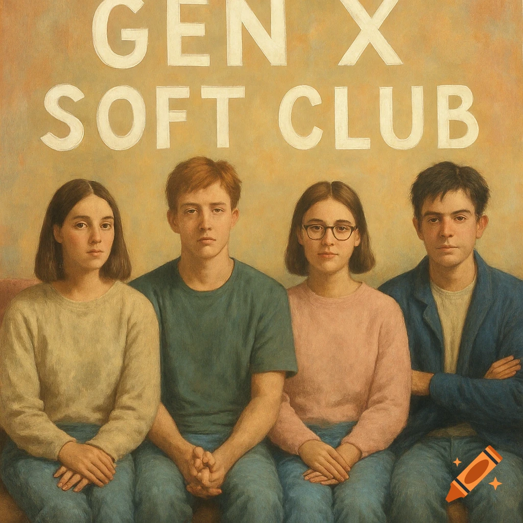 A painting of four young people sitting side-by-side, with the text "GEN X SOFT CLUB" above them.