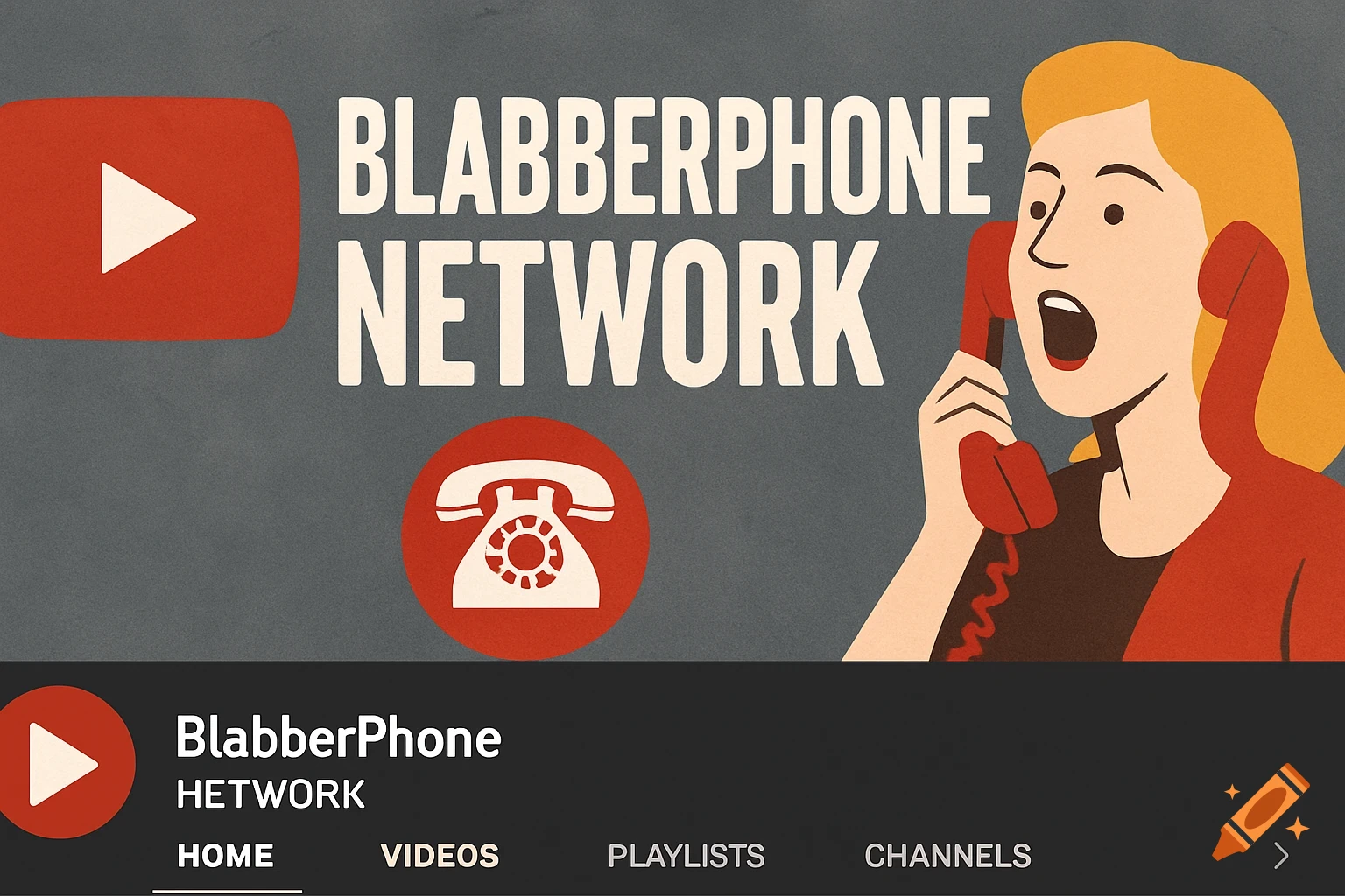 Retro illustration YouTube channel banner for BlabberPhone Network showing a woman on a phone.