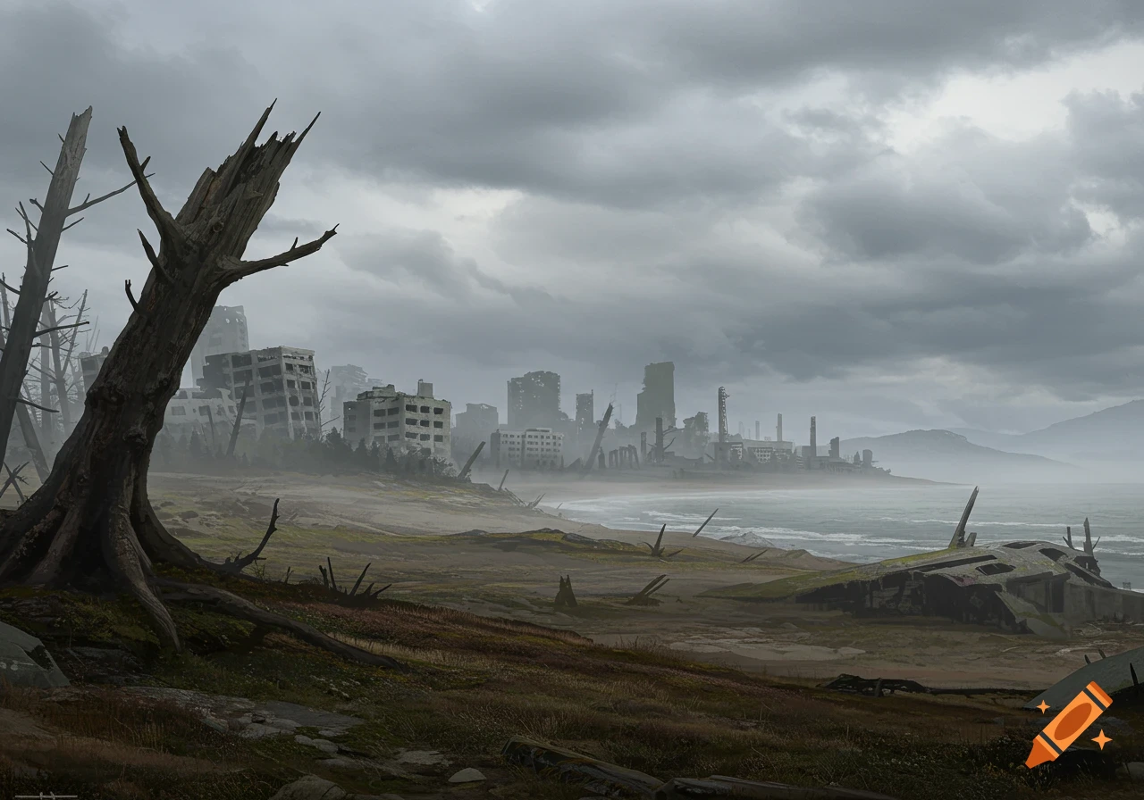 A ruined city on a coastline under a grey, cloudy sky with dead trees in the foreground.