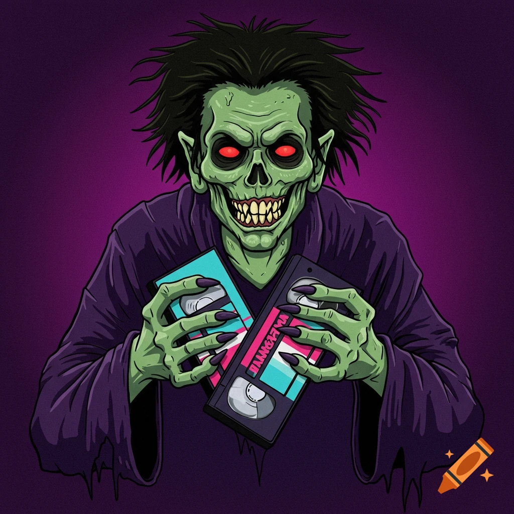 A green ghoul with red eyes holds two VHS tapes in a 1980s illustration style.