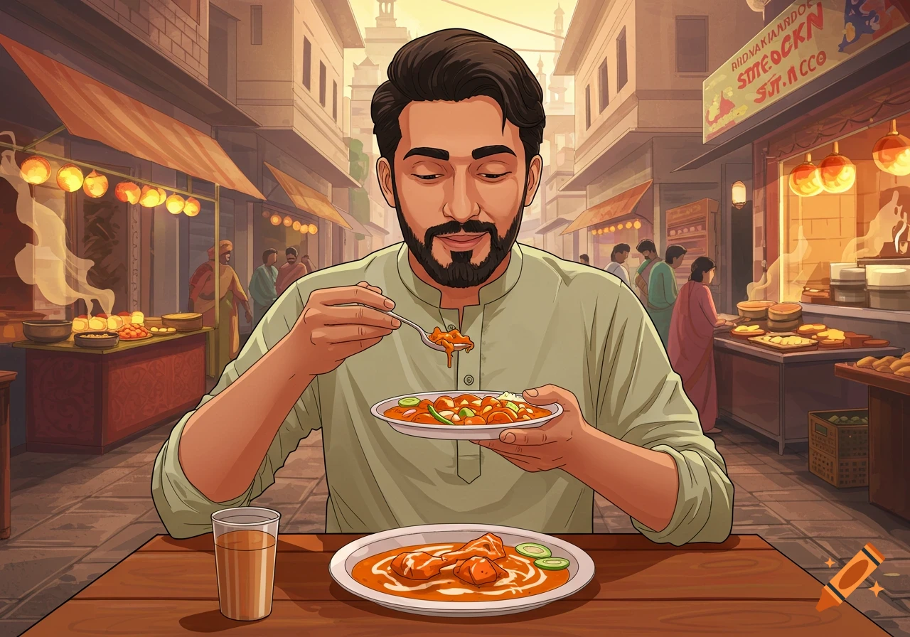 An illustration of a man eating Indian food at a table in a busy street market.