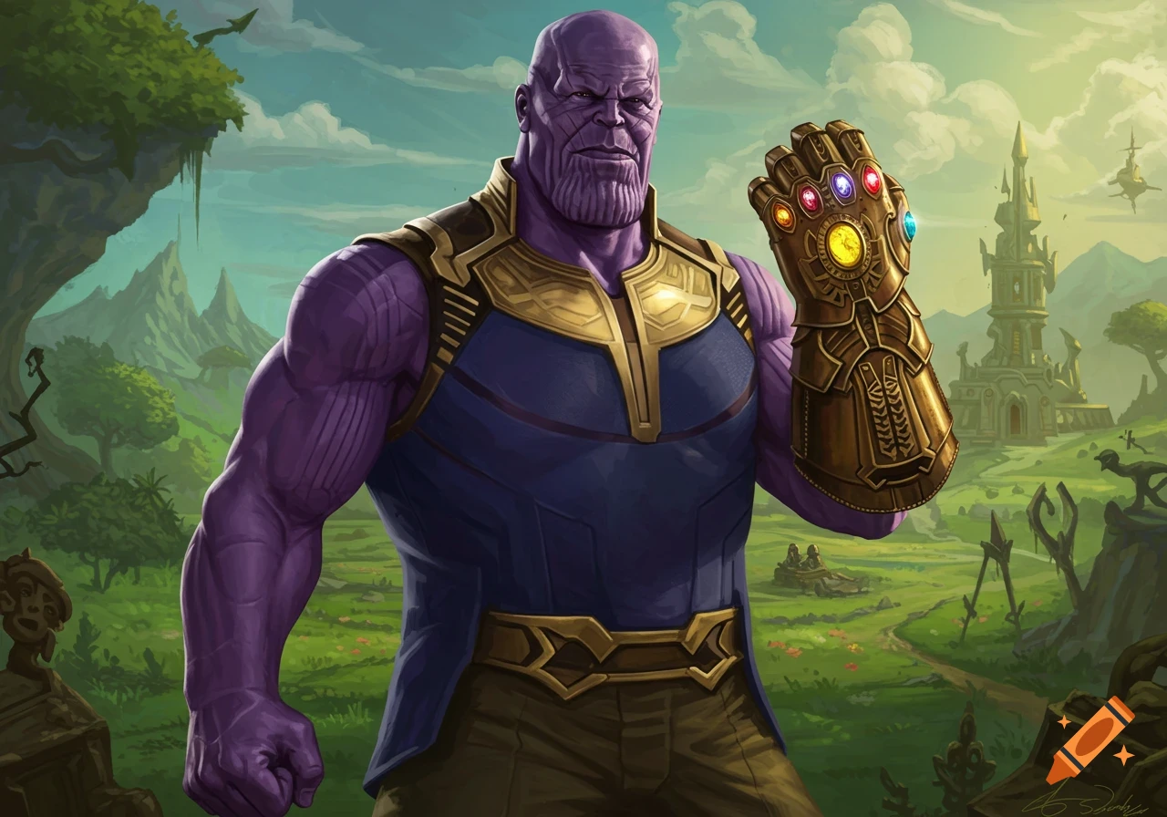 Illustration of Thanos holding the Infinity Gauntlet in a fantasy landscape.