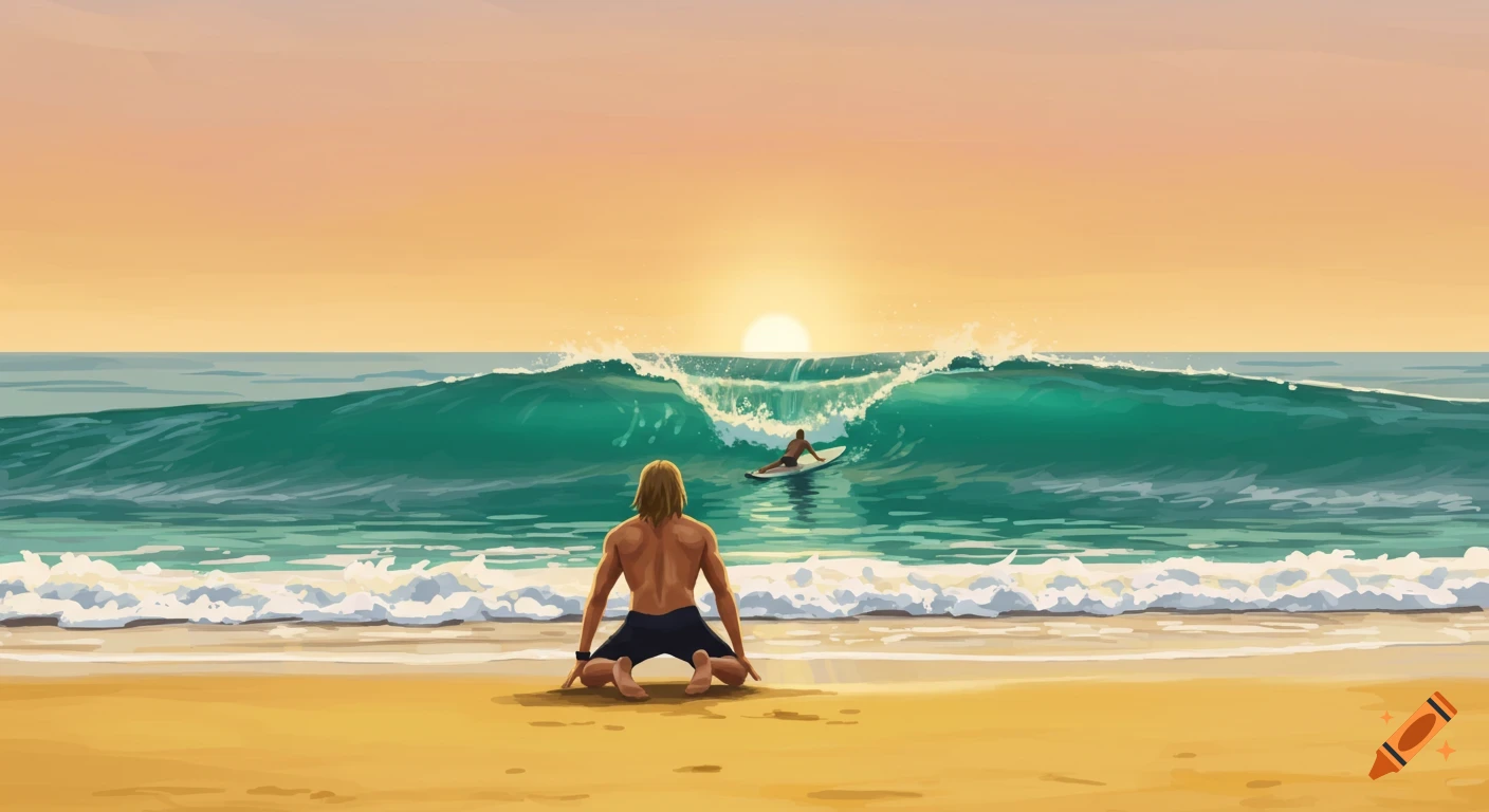 Illustration of a surfer kneeling on a beach watching another surfer paddle out at sunrise.