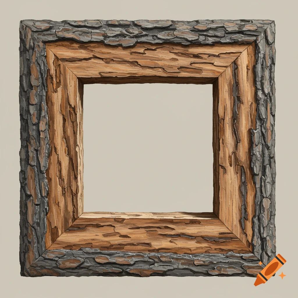 A square picture frame made from textured bark and wood.