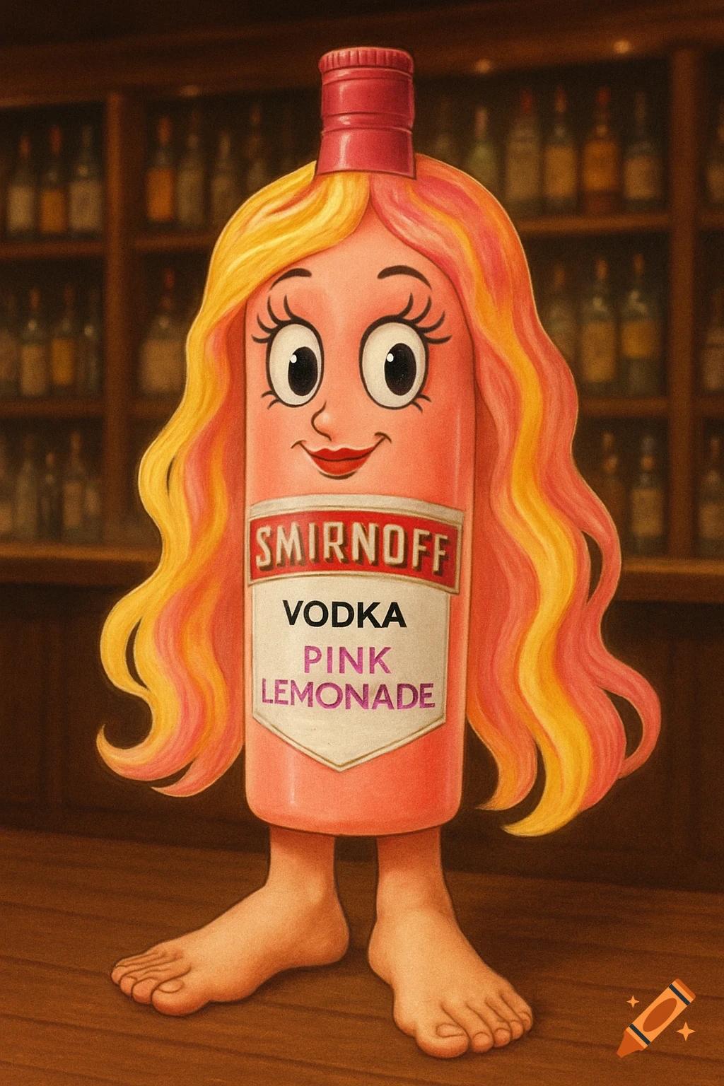 A cartoonish pink Smirnoff Pink Lemonade vodka bottle with human eyes, feet, and flowing pink and yellow hair stands in a bar.