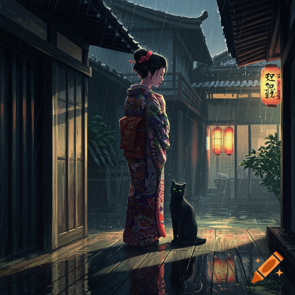 A Japanese woman in a kimono stands with a black cat in the rain on a wooden walkway outside a traditional building. Illustration style.
