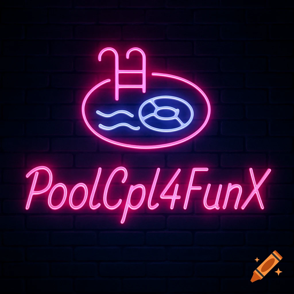 Neon sign with a pool icon and 'PoolCpl4FunX' text on a brick wall
