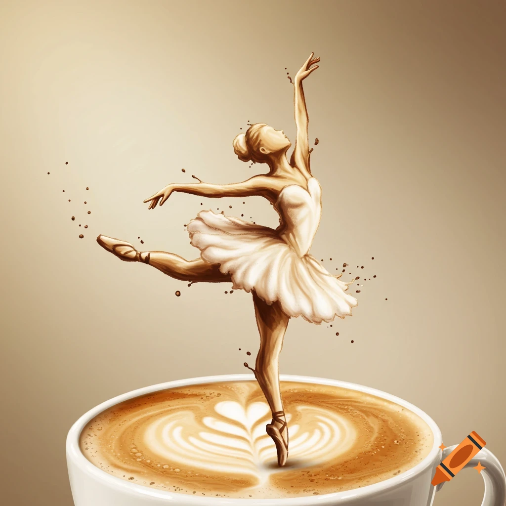 A ballerina figure made of splashing coffee rises from a cappuccino cup with latte art.