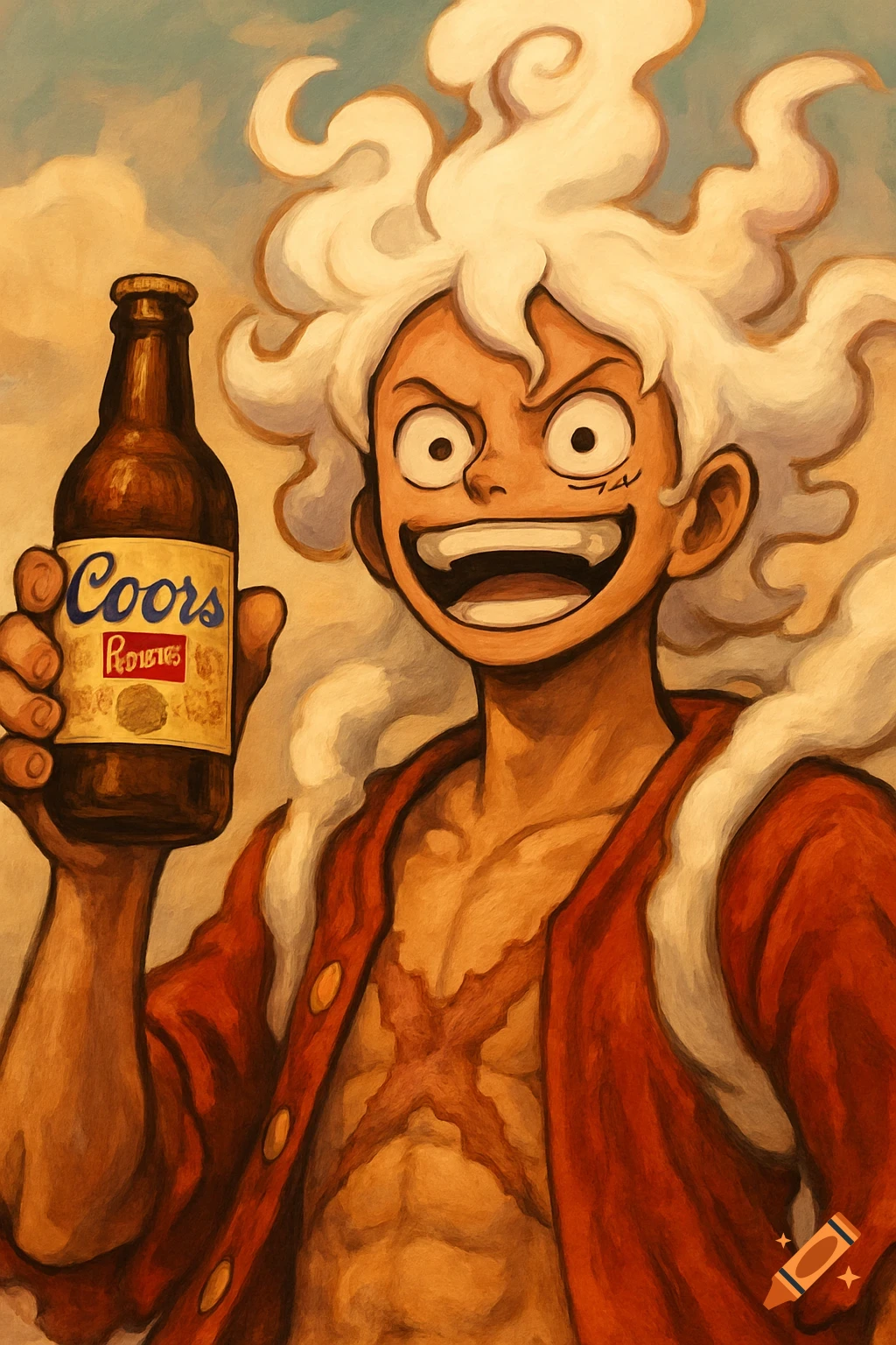 Gear 5 Luffy holding a Coors beer bottle in a painted style