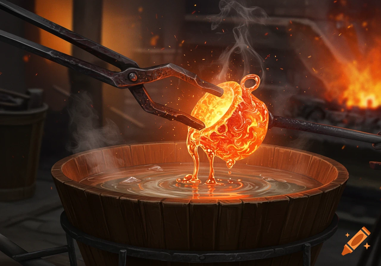 Tongs hold a glowing crucible of molten material dripping into a bucket of water in a workshop.