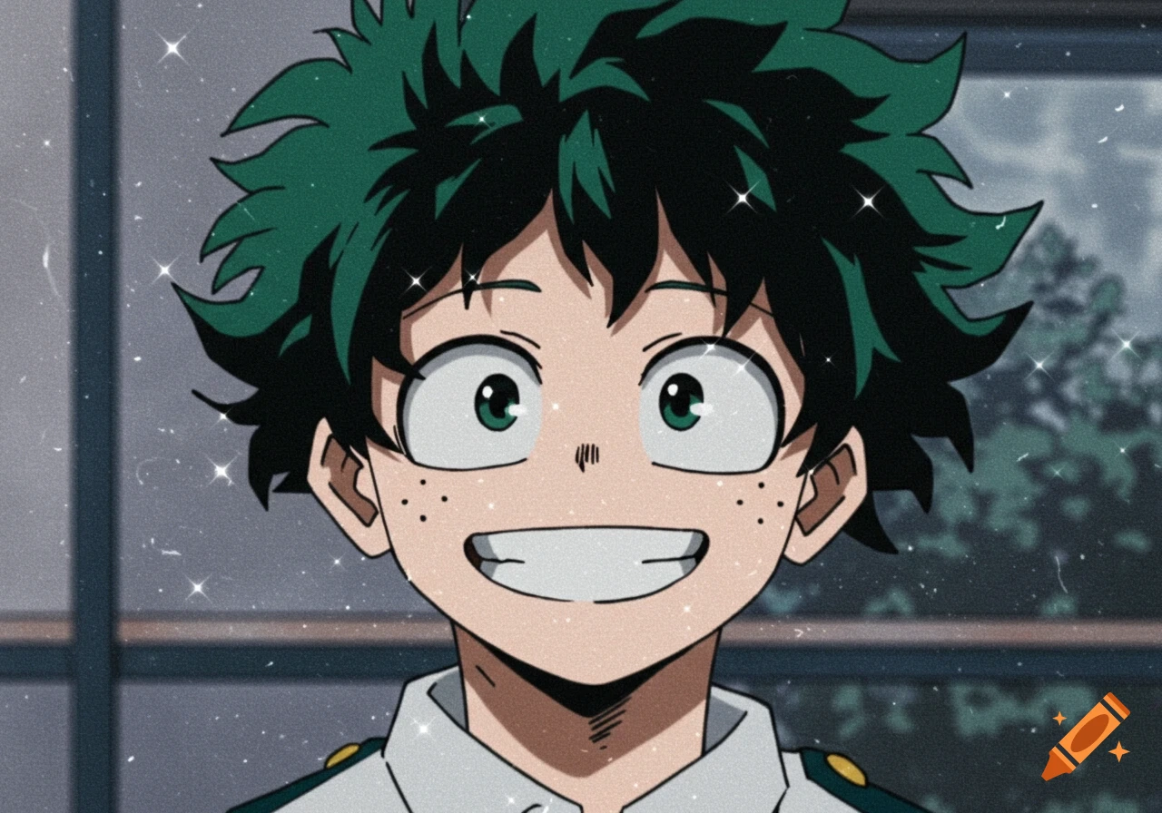 An anime portrait of Izuku Midoriya smiling, with green hair, freckles, and sparkling effects.