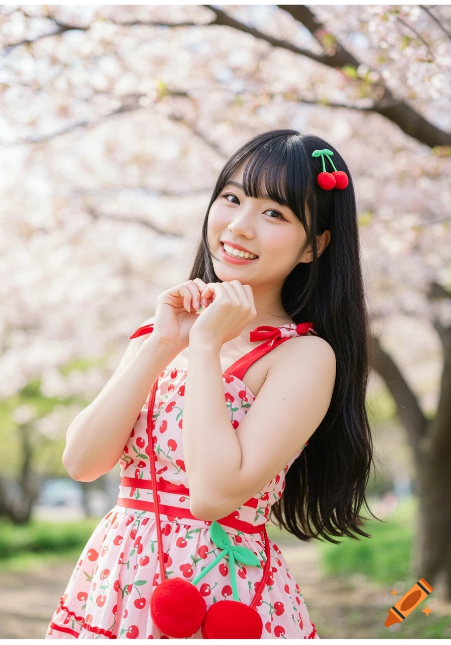 Young woman in cherry dress and barrettes smiling under cherry blossom trees