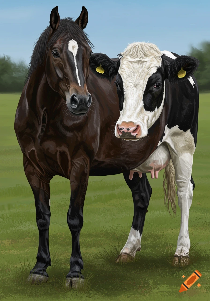 A creature that is half brown horse, half black and white cow stands in a green field.