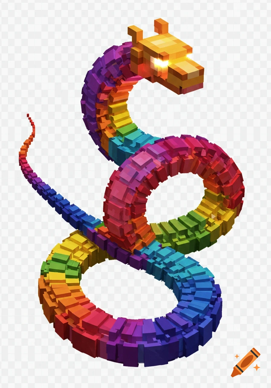 A long, winding, pixelated rainbow serpent or dragon with glowing eyes.