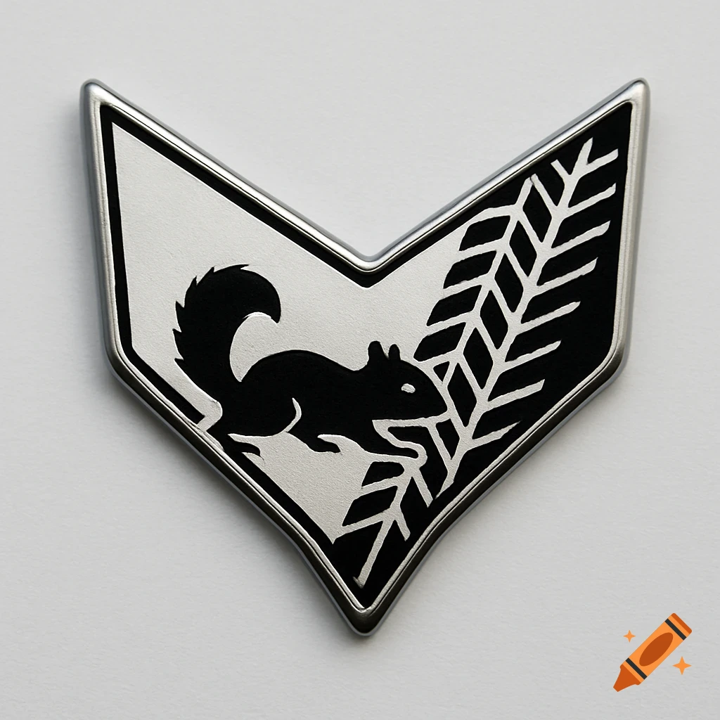 Metallic badge in a v-shape featuring a squirrel silhouette and tire treads.