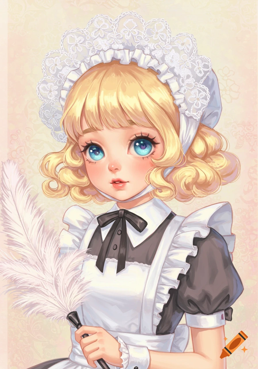 Illustration of a cute blonde girl dressed as a maid, holding a feather duster.