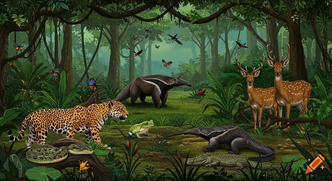 Illustrative landscape of a rainforest with jaguar, anteaters, deer, frog, snakes, and crocodile among trees and plants.