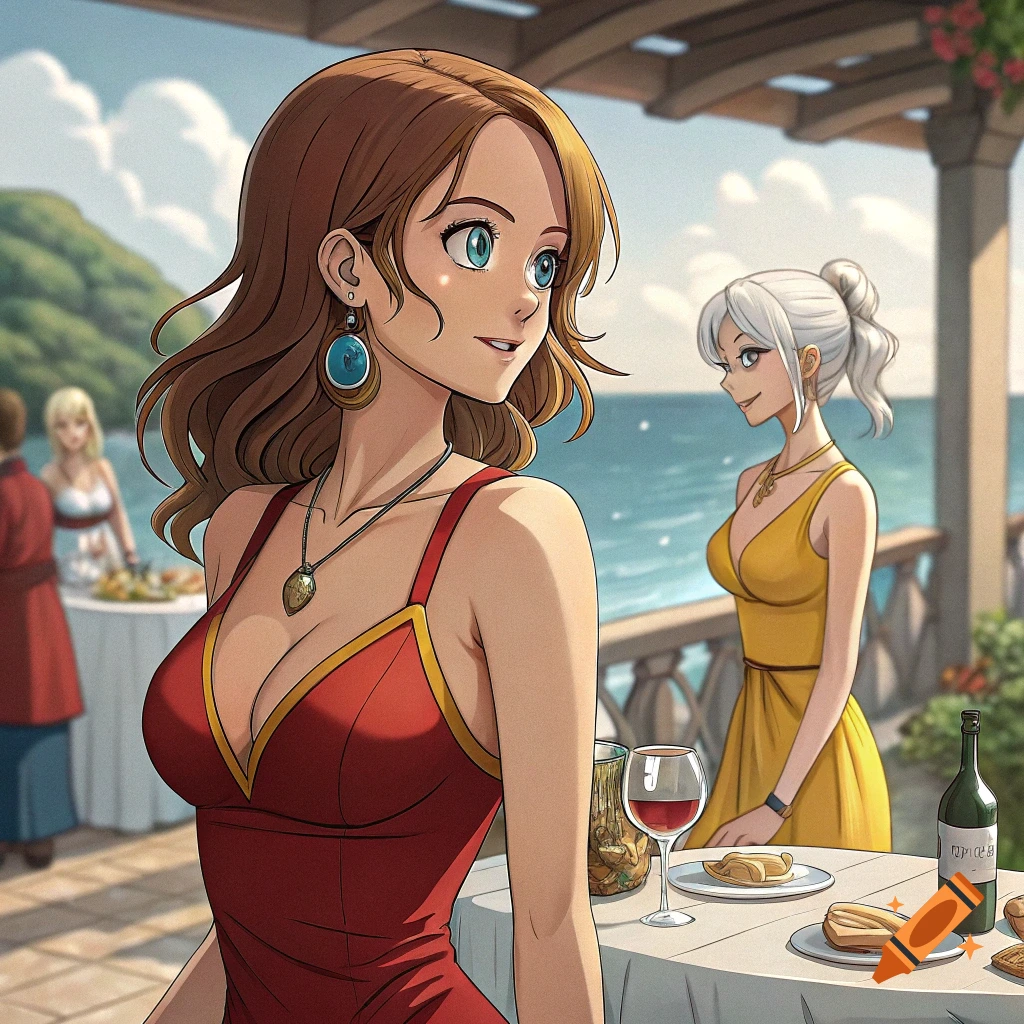 Two women in anime style dresses are seated at a table outdoors by the sea, with food and wine.