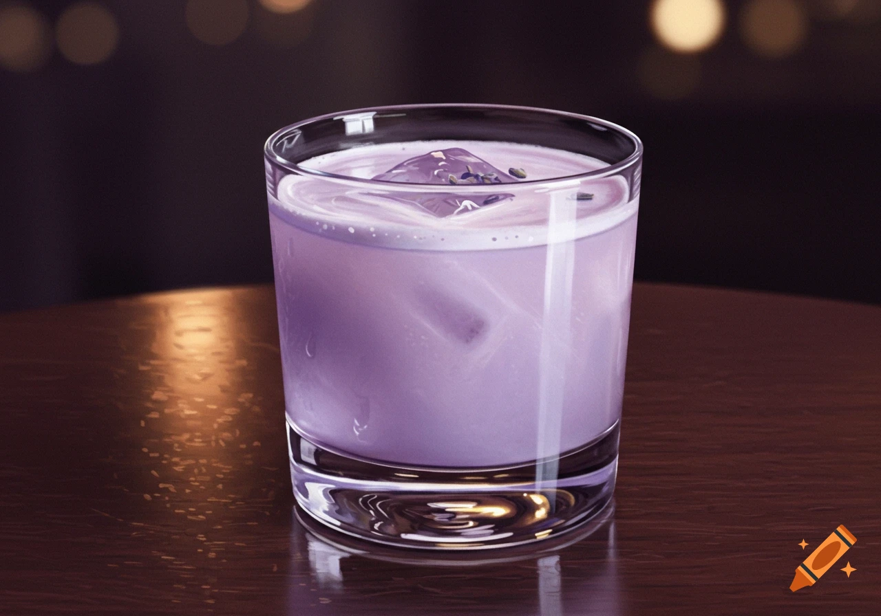 A lavender cream cocktail in a short tumbler glass.
