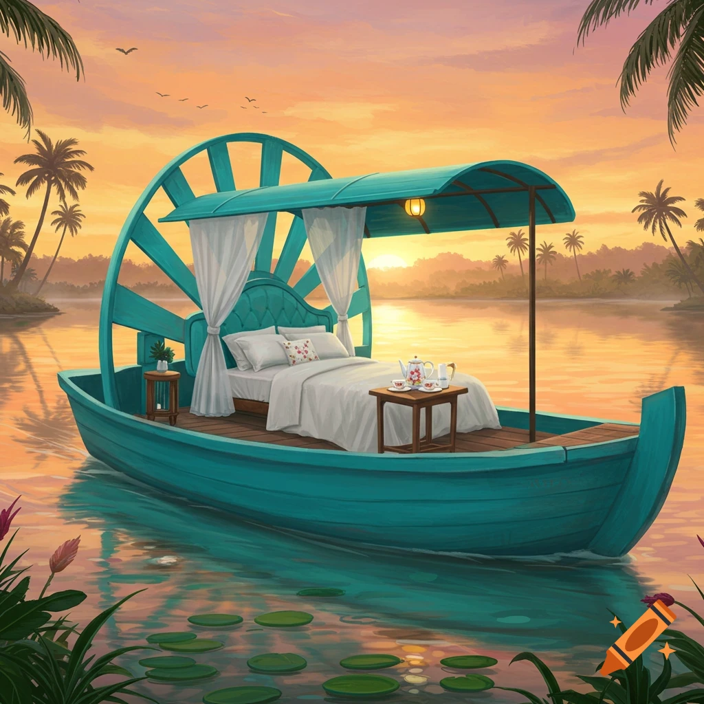 A bed on a unique boat resembling a paddleboat floats on a river at sunset with palm trees.