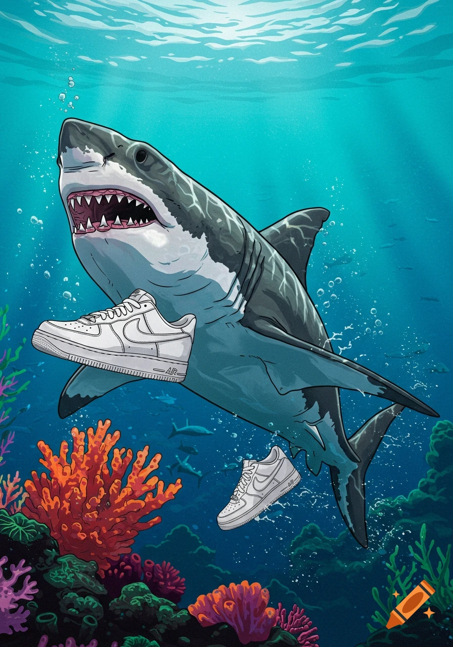 Illustration of a shark swimming underwater with white sneakers.
