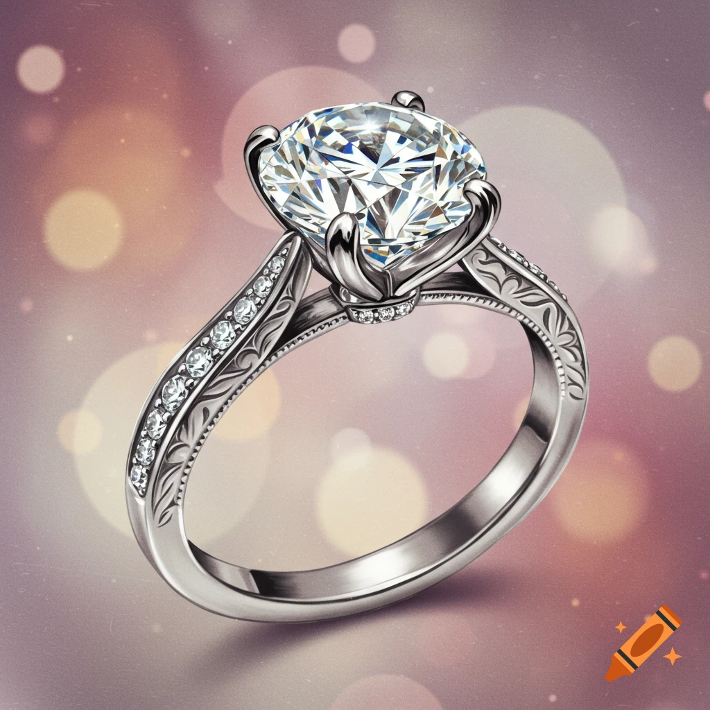 A close-up of a diamond engagement ring with smaller diamonds on the band against a blurry background with bokeh lights.