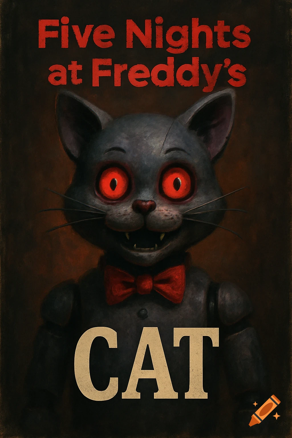 A horror book cover illustration featuring a gray animatronic cat with glowing red eyes and a red bowtie. Text reads "Five Nights at Freddy's CAT".