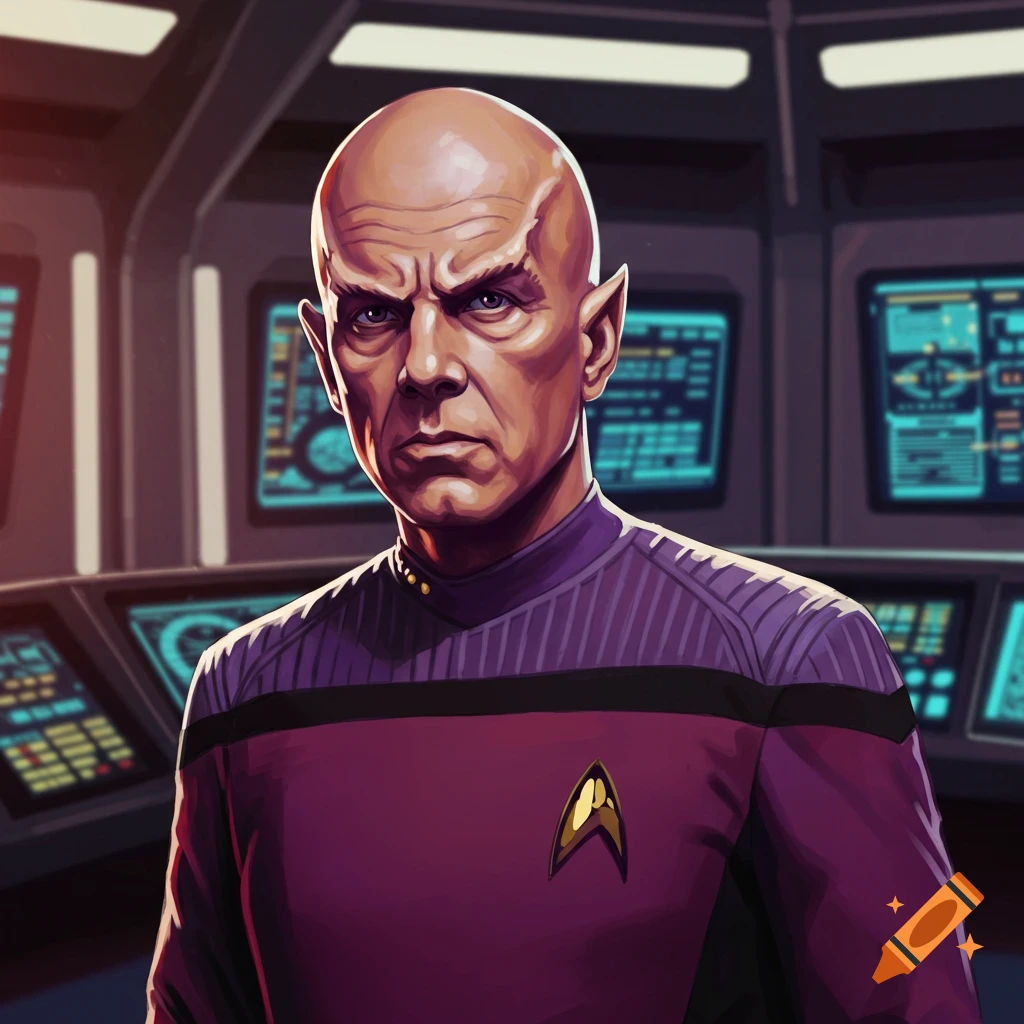 Portrait of a bald man in a Starfleet uniform with pointy ears on a spaceship bridge