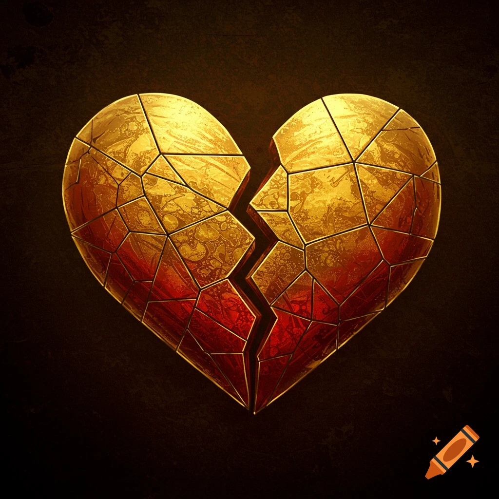 A broken heart made of golden geometric fragments with red highlights against a dark background.