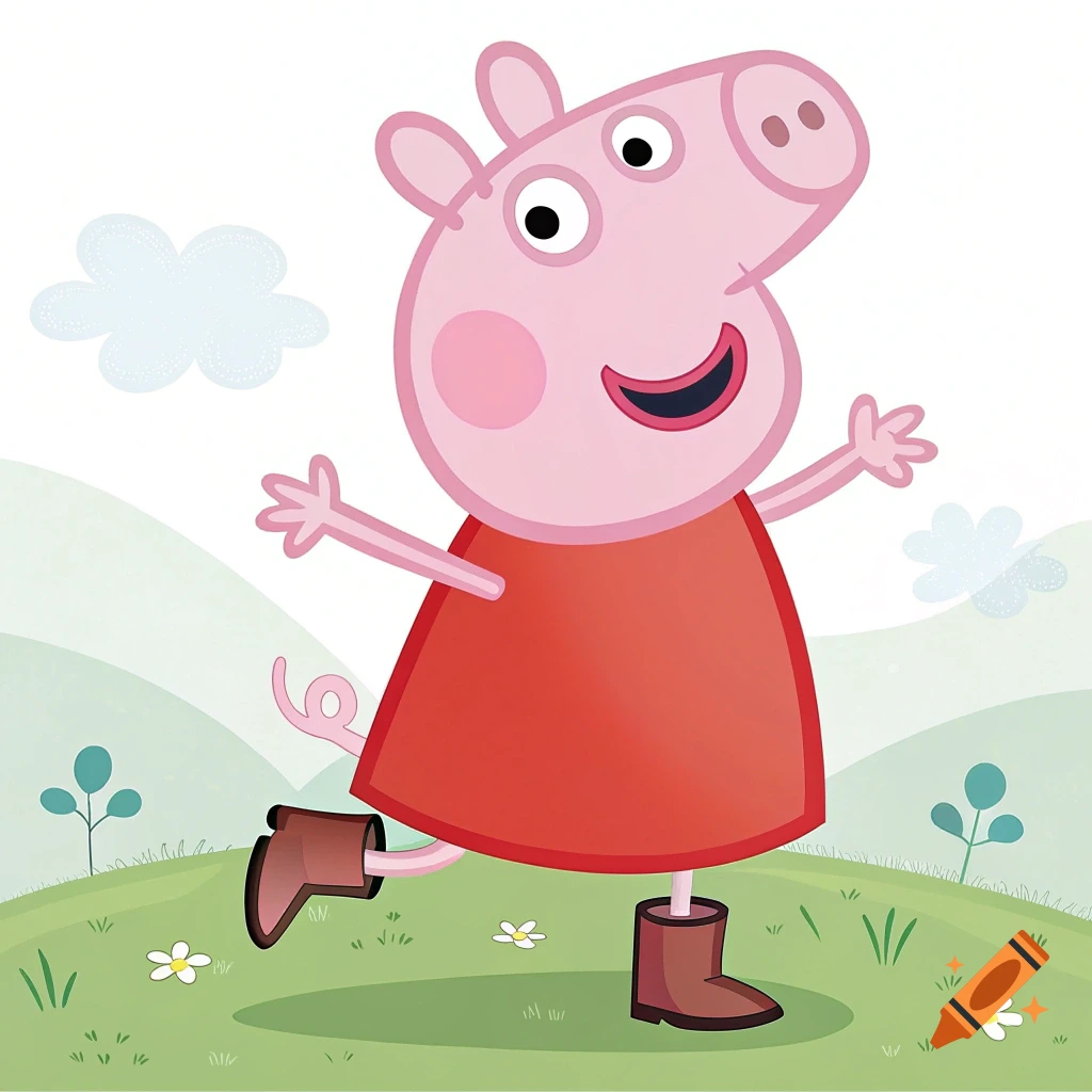 Peppa Pig cartoon jumping in a grassy field