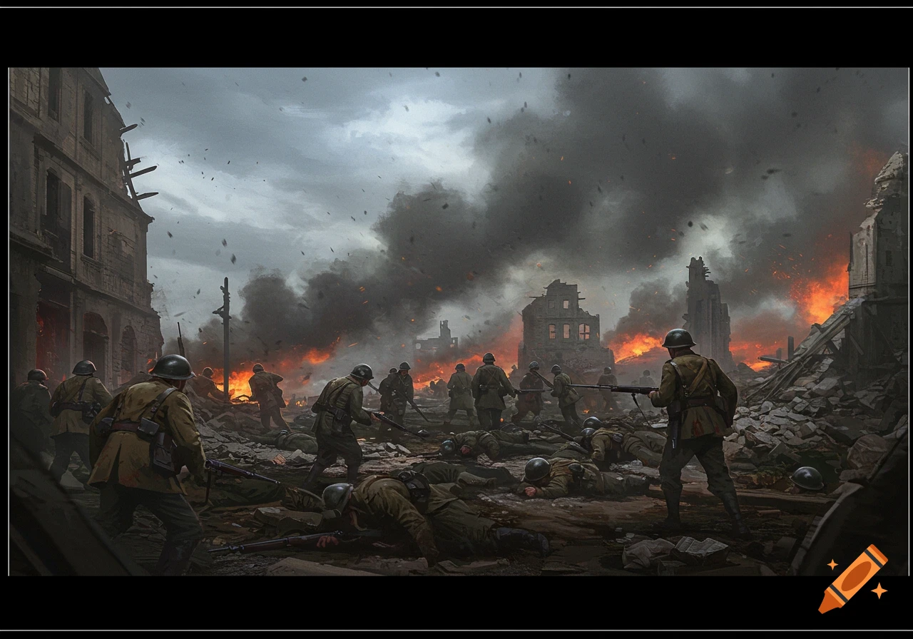 Soldiers in battle in a ruined city with fire and smoke.