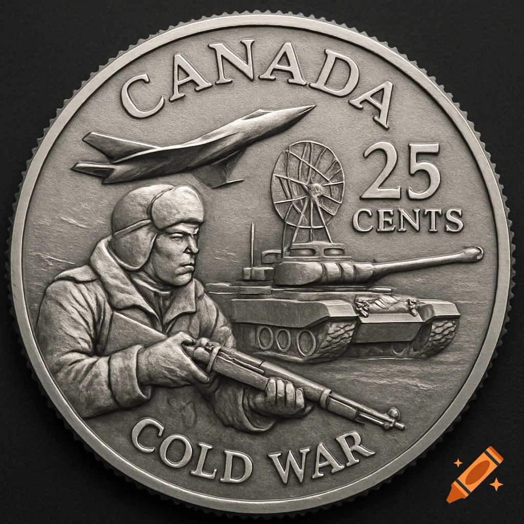A silver coin design featuring a soldier, tank, plane, and radar dish, with 'CANADA', '25 CENTS', and 'COLD WAR' text.