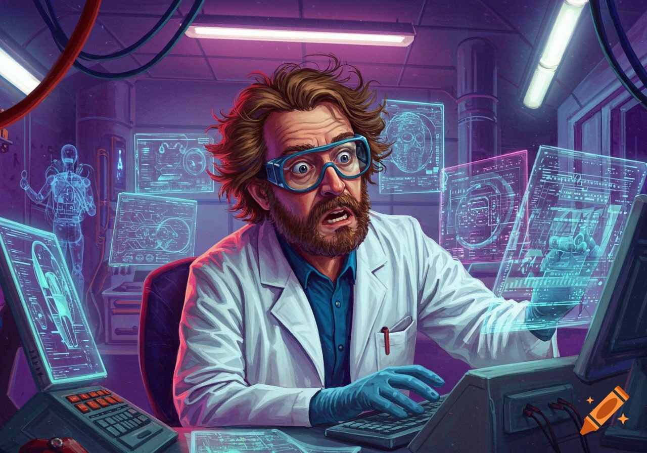 Confused scientist in a futuristic lab working with AI displays