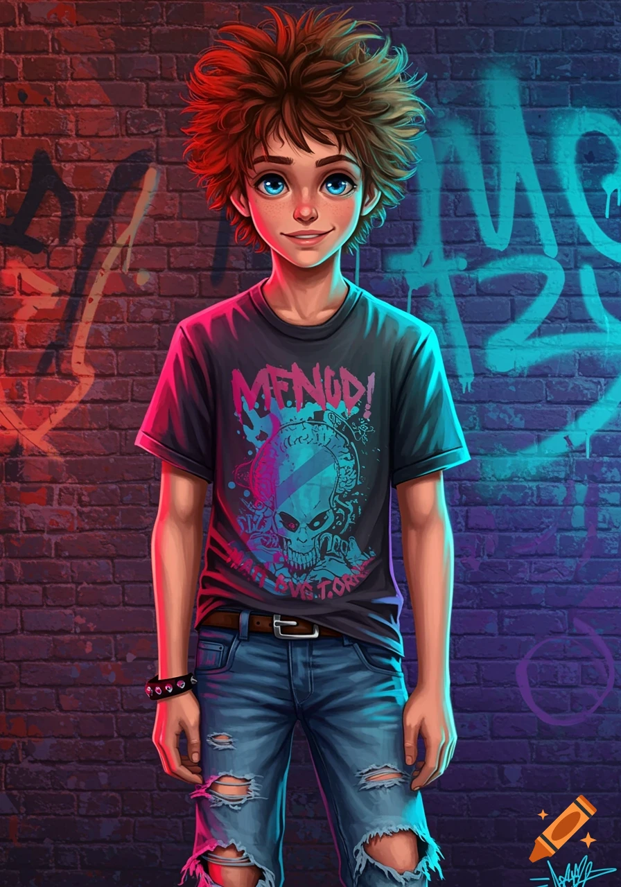 Illustration of a teenage boy with spiky hair, skull t-shirt, and ripped jeans standing against a graffiti brick wall.