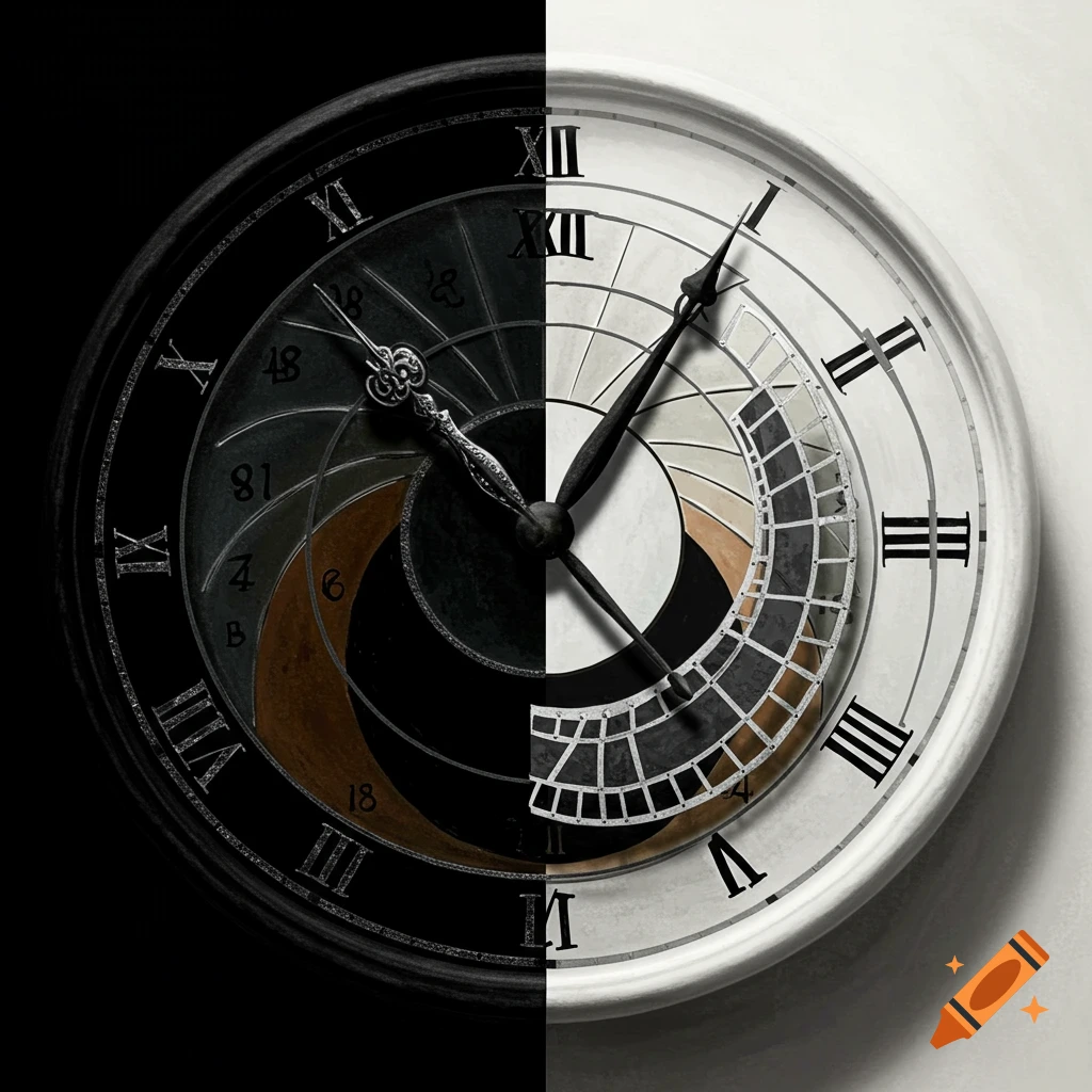 A clock face split down the middle, one half is dark with intricate patterns and Roman numerals, the other is light with Roman numerals and a grid.