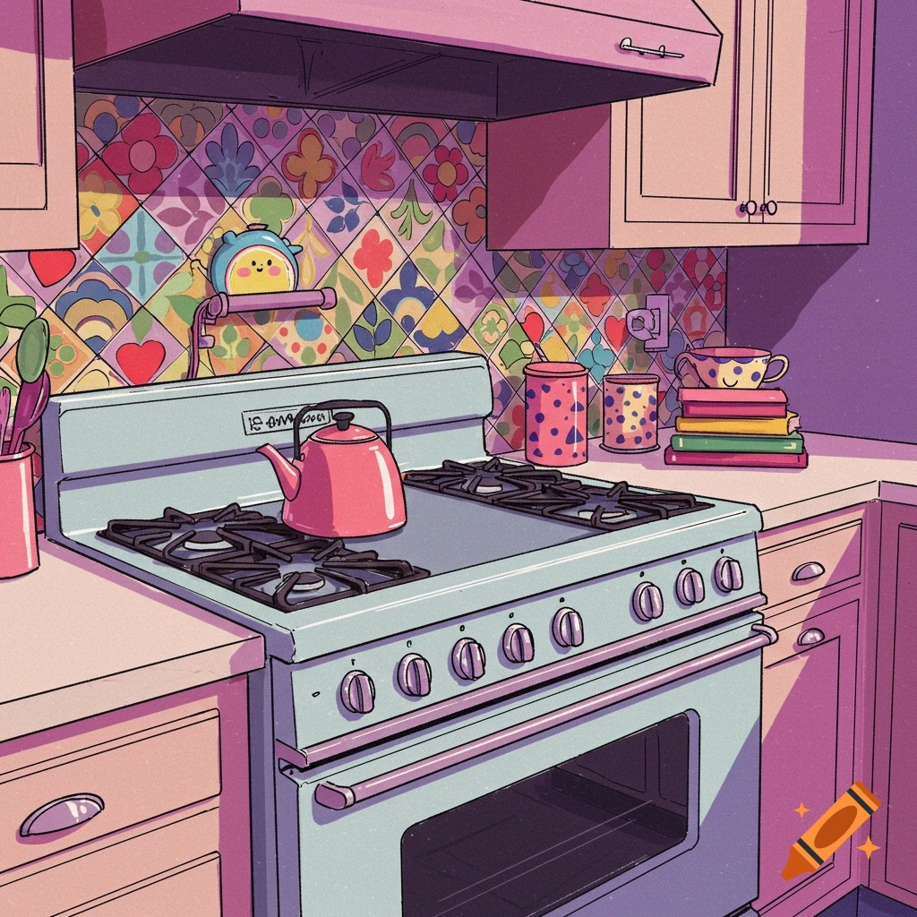 Colorful cartoon kitchen scene with a blue stove, pink kettle, and vibrant patterned backsplash tiles, in a 90s aesthetic.