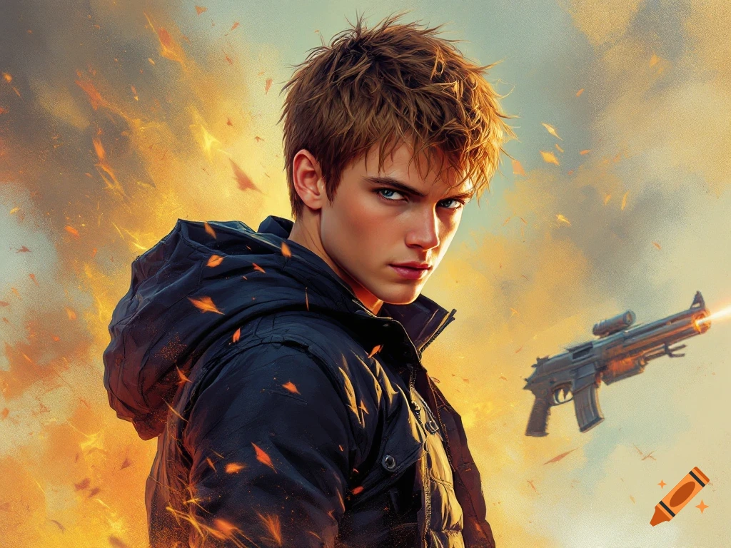 Digital art of a young man in a hooded jacket with a gun and explosion background