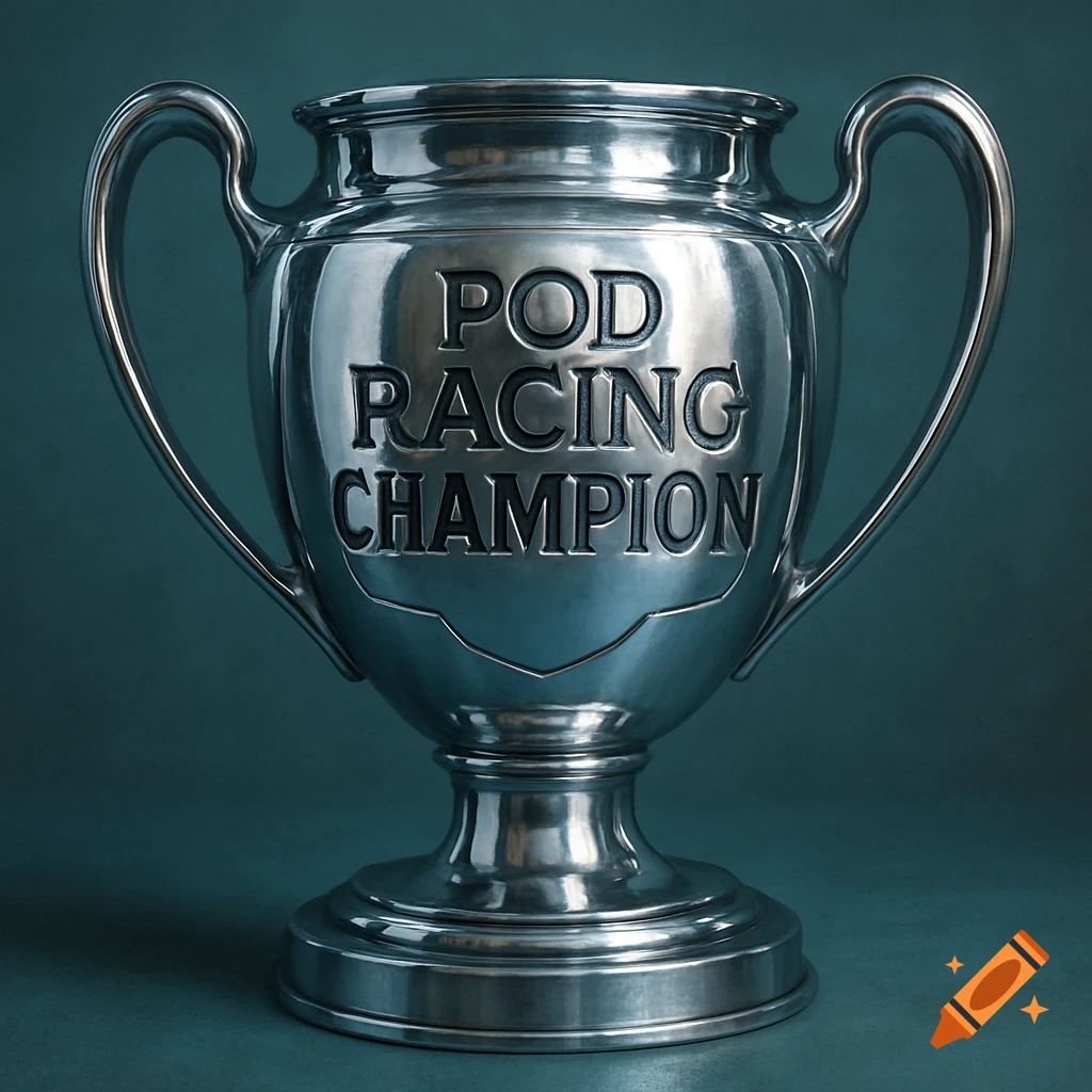 A shiny silver trophy cup with 'POD RACING CHAMPION' engraved on it.