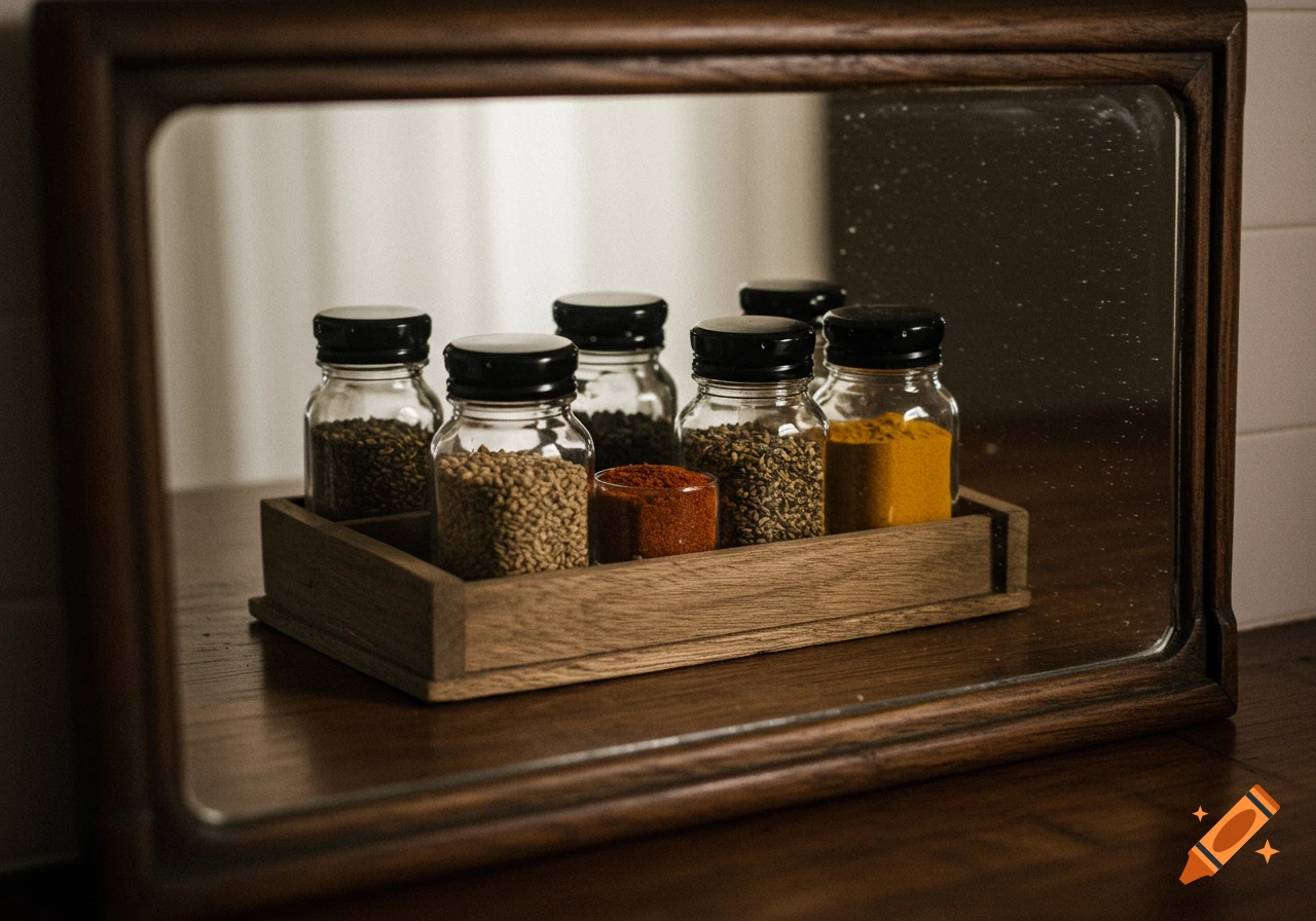 Spice jars in a wooden tray reflected in a mirror, photorealistic.