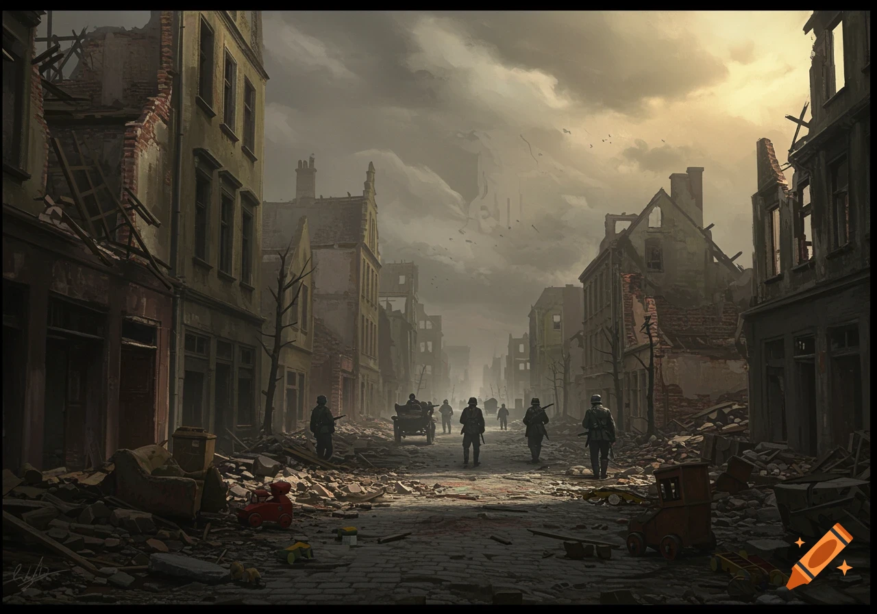 Soldiers walk through a ruined city street filled with rubble and discarded items under a dramatic sky.