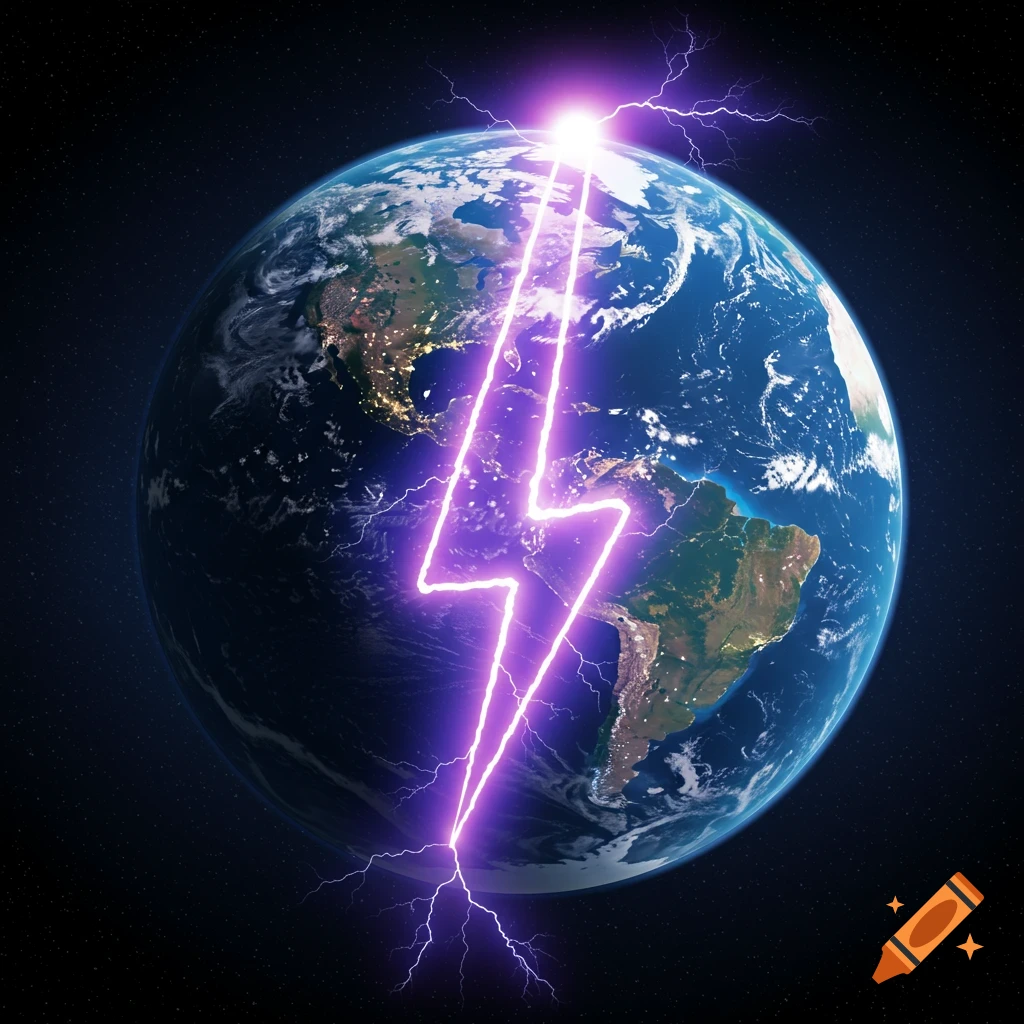 Earth from space with a bright purple lightning bolt striking vertically through the planet.
