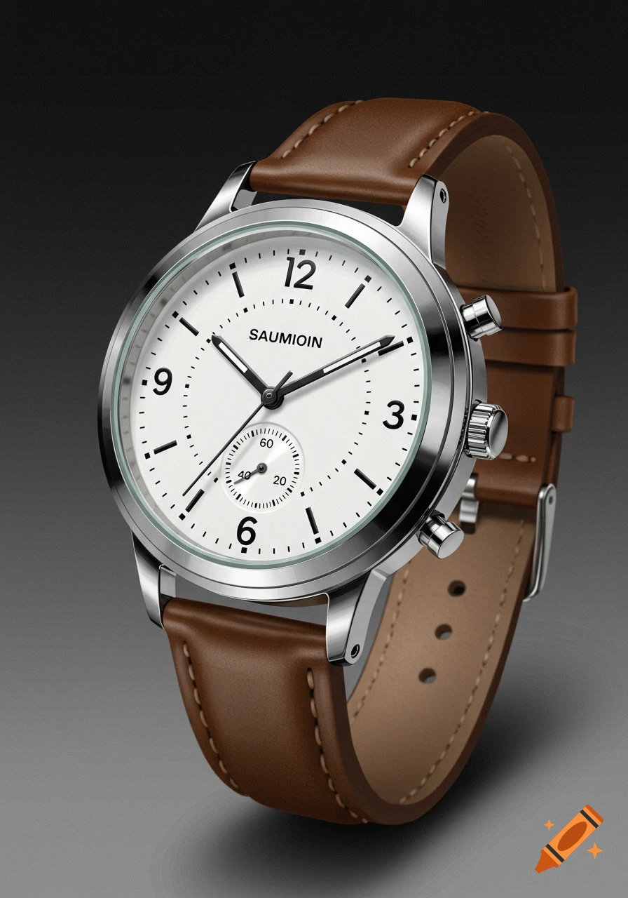 A photorealistic close-up of a wristwatch with a white face, silver case, and brown leather strap.